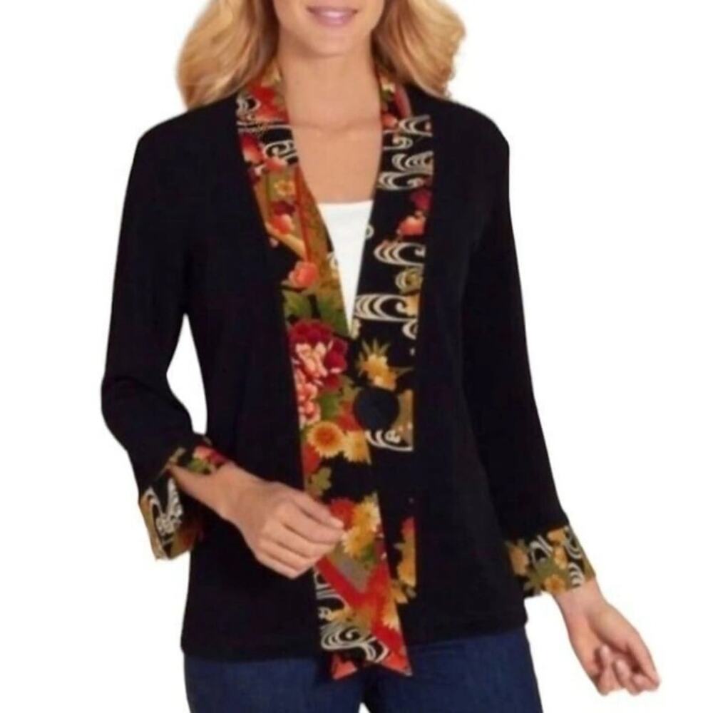 Vintage Y2K Soft Surroundings Black Crepe Knit Kimono Asian Flowy Artsy Jacket L